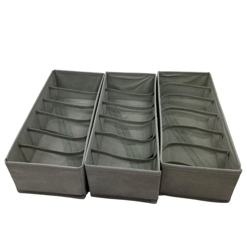 Foldable Drawer Organizers Set Of 3 W/ Mesh Dividers For Socks & Underwear Gray